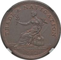 Canadian provinces coin 1/2 Penny - Trade & Navigation Token (1812 - 1813) obverse obverse of 1/2 Penny - Trade & Navigation Token (1812 - 1813) coin with BR# 963 from Canadian provinces. Inscription: TRADE & NAVIGATION 1812 H