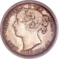 obverse of 20 Cents - Victoria (1862 - 1864) coin with KM# 9 from Canadian provinces. Inscription: VICTORIA D:G: REG: NEW BRUNSWICK