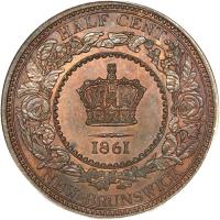 reverse of 1/2 Cent - Victoria (1861) coin with KM# 5 from Canadian provinces. Inscription: HALF CENT 1861 NEW BRUNSWICK