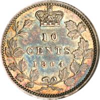 reverse of 10 Cents - Victoria (1862 - 1864) coin with KM# 8 from Canadian provinces. Inscription: 10 CENTS 1864