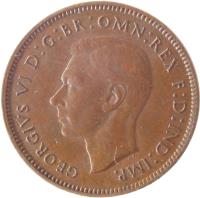obverse of 1 Farthing - George VI - With IND:IMP (1937 - 1948) coin with KM# 843 from United Kingdom. Inscription: GEORGIVS VI D:G:BR:OMN:REX F:D:IND:IMP.