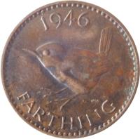 reverse of 1 Farthing - George VI - With IND:IMP (1937 - 1948) coin with KM# 843 from United Kingdom. Inscription: 1946 FARTHING