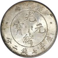 China coin 7 Mace and 2 Candareens - Guangxu (1908) obverse obverse of 7 Mace and 2 Candareens - Guangxu (1908) coin with Y# 14 from China.