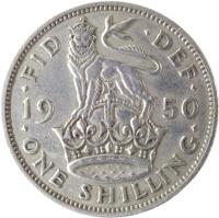 reverse of 1 Shilling - George VI - English crest; Without IND:IMP (1949 - 1952) coin with KM# 876 from United Kingdom. Inscription: · FID · DEF · 19 51 · ONE SHILLING ·