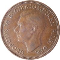 obverse of 1/2 Penny - George VI - Without IND:IMP (1949 - 1952) coin with KM# 868 from United Kingdom. Inscription: GEORGIVS VI D:G:BR:OMN:REX FIDEI DEF.