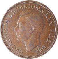 United Kingdom coin 1/2 Penny - George VI - Without IND:IMP (1949 - 1952) obverse obverse of 1/2 Penny - George VI - Without IND:IMP (1949 - 1952) coin with KM# 868 from United Kingdom. Inscription: GEORGIVS VI D:G:BR:OMN:REX FIDEI DEF.
