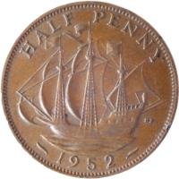 reverse of 1/2 Penny - George VI - Without IND:IMP (1949 - 1952) coin with KM# 868 from United Kingdom. Inscription: HALF PENNY HP 1952