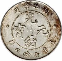 China coin 7.2 Candareens - Guangxu (1894 - 1907) obverse obverse of 7.2 Candareens - Guangxu (1894 - 1907) coin with Y# 124 from China. Inscription: 造省北湖 光 寶 元 緒 釐二錢七平庫