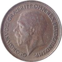 obverse of 1 Farthing - George V (1926 - 1936) coin with KM# 825 from United Kingdom. Inscription: GEORGIUS V DEI GRA:BRITT:OMN:REX FID:DEF:IND:IMP: BM