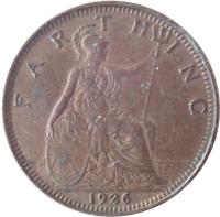 reverse of 1 Farthing - George V (1926 - 1936) coin with KM# 825 from United Kingdom. Inscription: F A R T H I N G 1926