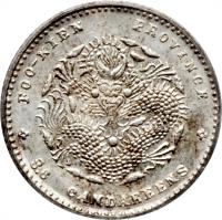 China coin 3.6 Candareens - Guangxu (1896 - 1908) reverse reverse of 3.6 Candareens - Guangxu (1896 - 1908) coin with Y# 102 from China. Inscription: FOO-KIEN PROVINCE 3.6 CANDAREENS