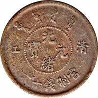 China coin 10 Cash - Guangxu - CHING KIANG (1905) obverse obverse of 10 Cash - Guangxu - CHING KIANG (1905) coin with Y# 77 from China. Inscription: 光 江 寶 元 清 緒 文十錢制當