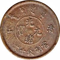 obverse of 10 Cash - Guangxu - CHING KIANG (1905) coin with Y# 77 from China. Inscription: 光　　 江　寶　 元　清 　　　 緒 　文十錢制當