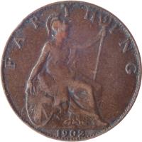 reverse of 1 Farthing - Edward VII (1902 - 1910) coin with KM# 792 from United Kingdom. Inscription: F A R T H I N G 1902