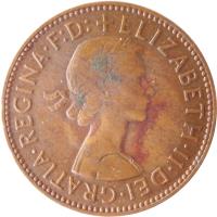 obverse of 1/2 Penny - Elizabeth II - Without BRITT:OMN; 1'st Portrait (1954 - 1970) coin with KM# 896 from United Kingdom. Inscription: +ELIZABETH · II · DEI · GRATIA · REGINA · F:D: