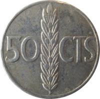 reverse of 50 Centimos - Francisco Franco (1966) coin with KM# 795 from Spain. Inscription: 50 CTS