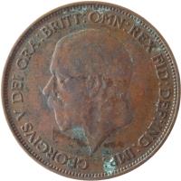 obverse of 1 Penny - George V - Smaller portrait (1928 - 1936) coin with KM# 838 from United Kingdom. Inscription: GEORGIUS V DEI GRA:BRITT:OMN:REX FID:DEF:IND:IMP: