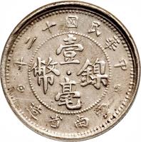 China coin 1 Jiao (1923) obverse obverse of 1 Jiao (1923) coin with Y# 486 from China. Inscription: 年二十國民華中 壹 幣 鎳 毫 造 省 南 雲