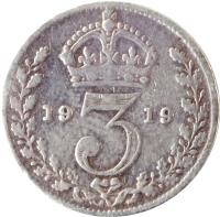 United Kingdom coin 3 Pence - George V - Maundy Coinage (1911 - 1920) reverse reverse of 3 Pence - George V - Maundy Coinage (1911 - 1920) coin with KM# 813 from United Kingdom. Inscription: 19 3 11