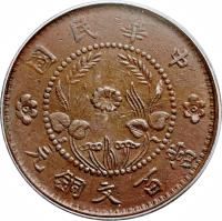 China coin 100 Cash (1928) reverse reverse of 100 Cash (1928) coin with Y# 395 from China. Inscription: 國 民 華 中 元 銅 文 百 當
