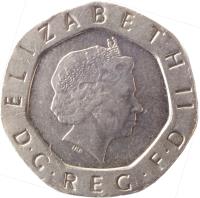 obverse of 20 Pence - Elizabeth II - 4'th Portrait (1998 - 2008) coin with KM# 990 from United Kingdom. Inscription: ELIZABETH II D · G · REG · F · D IRB