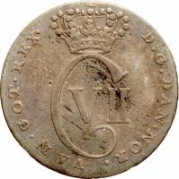 obverse of 12 Skilling - Christian VII (1767) coin with KM# 12 from Danish West Indies. Inscription: D G DAN NOR VAN GOT REX C VII