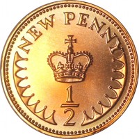 United Kingdom coin 1/2 New Penny - Elizabeth II - 2'nd Portrait (1971 - 1981) reverse reverse of 1/2 New Penny - Elizabeth II - 2'nd Portrait (1971 - 1981) coin with KM# 914 from United Kingdom. Inscription: NEW PENNY 1 - 2