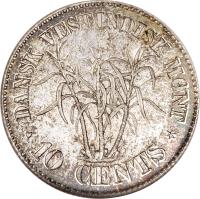 Danish West Indies coin 10 Cents - Christian IX (1878 - 1879) reverse reverse of 10 Cents - Christian IX (1878 - 1879) coin with KM# 70 from Danish West Indies. Inscription: DANSK WESTINDISK MONT. 10 CENTS