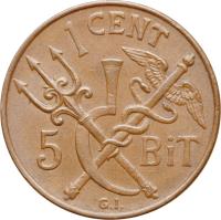 Danish West Indies coin 1 Cent / 5 Bit - Christian X (1913) reverse reverse of 1 Cent / 5 Bit - Christian X (1913) coin with KM# 83 from Danish West Indies.