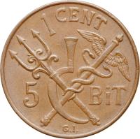 reverse of 1 Cent / 5 Bit - Christian X (1913) coin with KM# 83 from Danish West Indies.