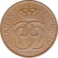 Danish West Indies coin 2 Cents / 10 Bit - Christian IX (1905) obverse obverse of 2 Cents / 10 Bit - Christian IX (1905) coin with KM# 76 from Danish West Indies.