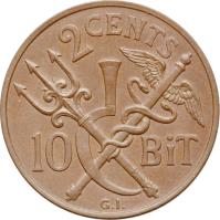 Danish West Indies coin 2 Cents / 10 Bit - Christian IX (1905) reverse reverse of 2 Cents / 10 Bit - Christian IX (1905) coin with KM# 76 from Danish West Indies.