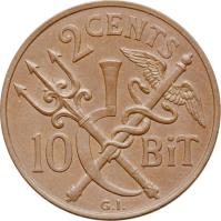 reverse of 2 Cents / 10 Bit - Christian IX (1905) coin with KM# 76 from Danish West Indies.