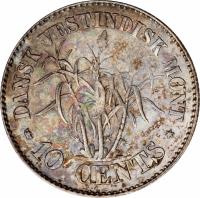 Danish West Indies coin 10 Cents - Frederik VII (1859 - 1862) reverse reverse of 10 Cents - Frederik VII (1859 - 1862) coin with KM# 66 from Danish West Indies. Inscription: DANSK VESTINDISK MONT 10 CENTS