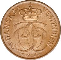 obverse of 1/2 Cent - Christian IX (1905) coin with KM# 74 from Danish West Indies. Inscription: DANSK VESTINDIEN 1905