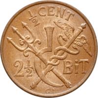 reverse of 1/2 Cent - Christian IX (1905) coin with KM# 74 from Danish West Indies. Inscription: 1/2 CENT 2 1/2 BiT