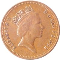 obverse of 1 Penny - Elizabeth II - 3'rd Portrait; Magnetic (1992 - 1997) coin with KM# 935a from United Kingdom. Inscription: ELIZABETH II D · G · REG · F · D · 1990 RDM