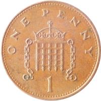 reverse of 1 Penny - Elizabeth II - 3'rd Portrait; Magnetic (1992 - 1997) coin with KM# 935a from United Kingdom. Inscription: ONE PENNY 1