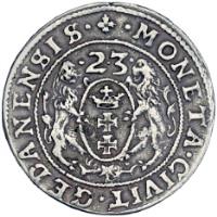 Danzig coin 1 Ort 1/4 Thaler - Sigismund III (1623) reverse reverse of 1 Ort 1/4 Thaler - Sigismund III (1623) coin with KM# 15 from Danzig. Inscription: · MONETA · CIVIT · GEDANENSIS · · 2 · 3 ·