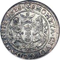 Danzig coin 1 Ort - Sigismund III - Type 3 bust (1616 - 1621) reverse reverse of 1 Ort - Sigismund III - Type 3 bust (1616 - 1621) coin with KM# 14 from Danzig. Inscription: MONETA.CIVIT:GEDANENSIS.1618. S-B 16-18