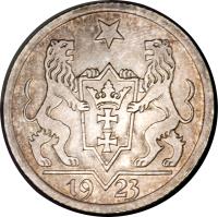 Danzig coin 1 Gulden (1923) obverse obverse of 1 Gulden (1923) coin with KM# 145 from Danzig. Inscription: 1923