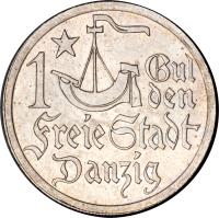 reverse of 1 Gulden (1923) coin with KM# 145 from Danzig. Inscription: 1 Gul den FreieStadt Danzig