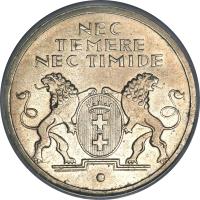 obverse of 5 Gulden (1935) coin with KM# 158 from Danzig. Inscription: NEC TEMERE NEC TIMIDE