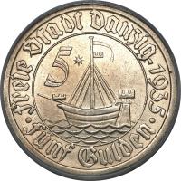 Danzig coin 5 Gulden (1935) reverse reverse of 5 Gulden (1935) coin with KM# 158 from Danzig. Inscription: FREIE STADT DANZIG - 1935FÜNF.GULDEN. 5