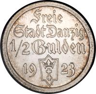 Danzig coin 1/2 Gulden (1923 - 1927) obverse obverse of 1/2 Gulden (1923 - 1927) coin with KM# 144 from Danzig.