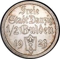 obverse of 1/2 Gulden (1923 - 1927) coin with KM# 144 from Danzig.