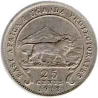 reverse of 25 Cents - George V (1912 - 1918) coin with KM# 10 from British East Africa. Inscription: EAST AFRICA & UGANDA PROTECTORATES 25 CENTS 1912
