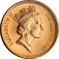 obverse of 1 Penny - Elizabeth II - Non magnetic; 3'rd Portrait (1985 - 1992) coin with KM# 935 from United Kingdom. Inscription: ELIZABETH II D · G · REG · F · D · 1989 RDM