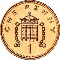 reverse of 1 Penny - Elizabeth II - Non magnetic; 3'rd Portrait (1985 - 1992) coin with KM# 935 from United Kingdom. Inscription: ONE PENNY 1