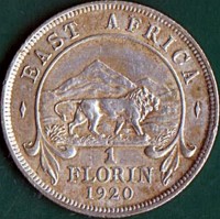 reverse of 1 Florin - George V (1920 - 1921) coin with KM# 17 from British East Africa. Inscription: EAST AFRICA 1 FLORIN 1920